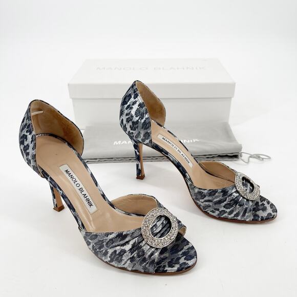 Manolo Blahnik Sedaraby Leopard Satin Crystal Buckle Peep Toe Heels IT 36.5 - Picture 1 of 13